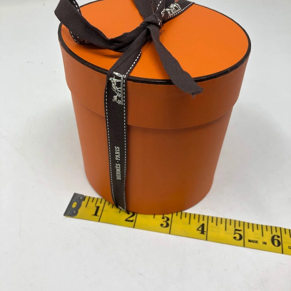 Hermes Round Accessory Gift Box‎ Small Orange Cylindrical Bolduc Ribbon 5in